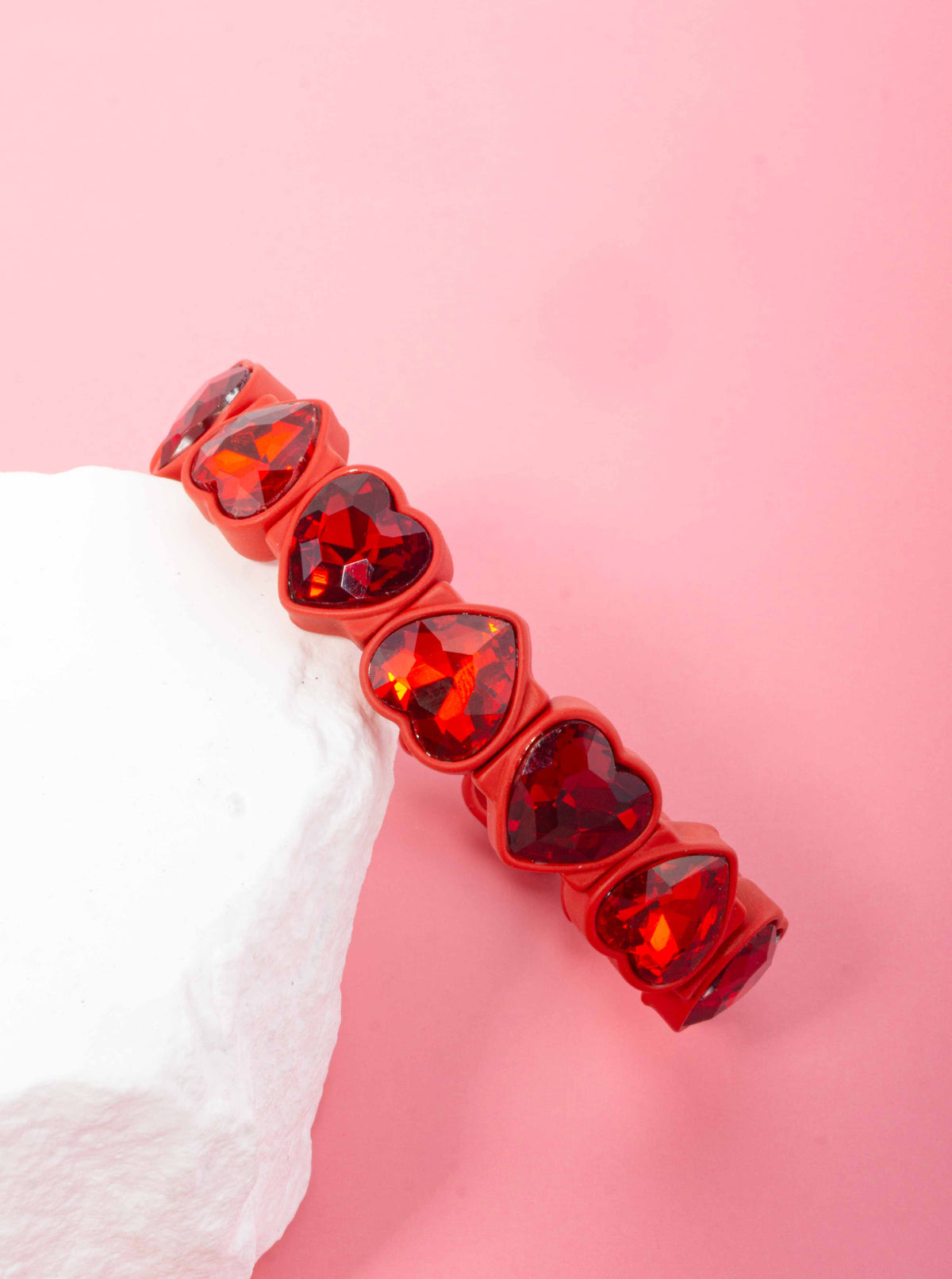 Faceted Crystal Heart Stretch Strand Bracelet - RED