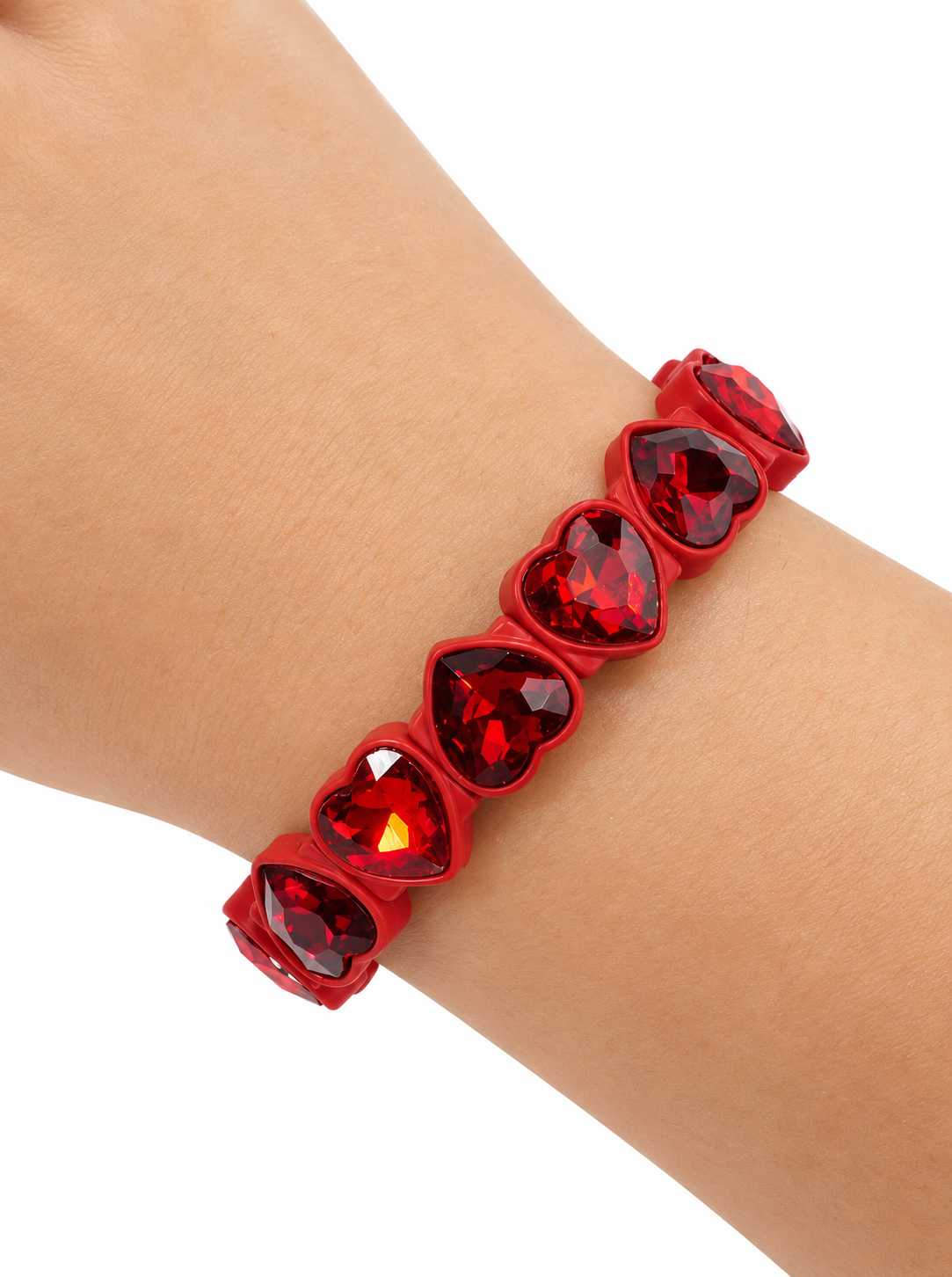 Faceted Crystal Heart Stretch Strand Bracelet - RED