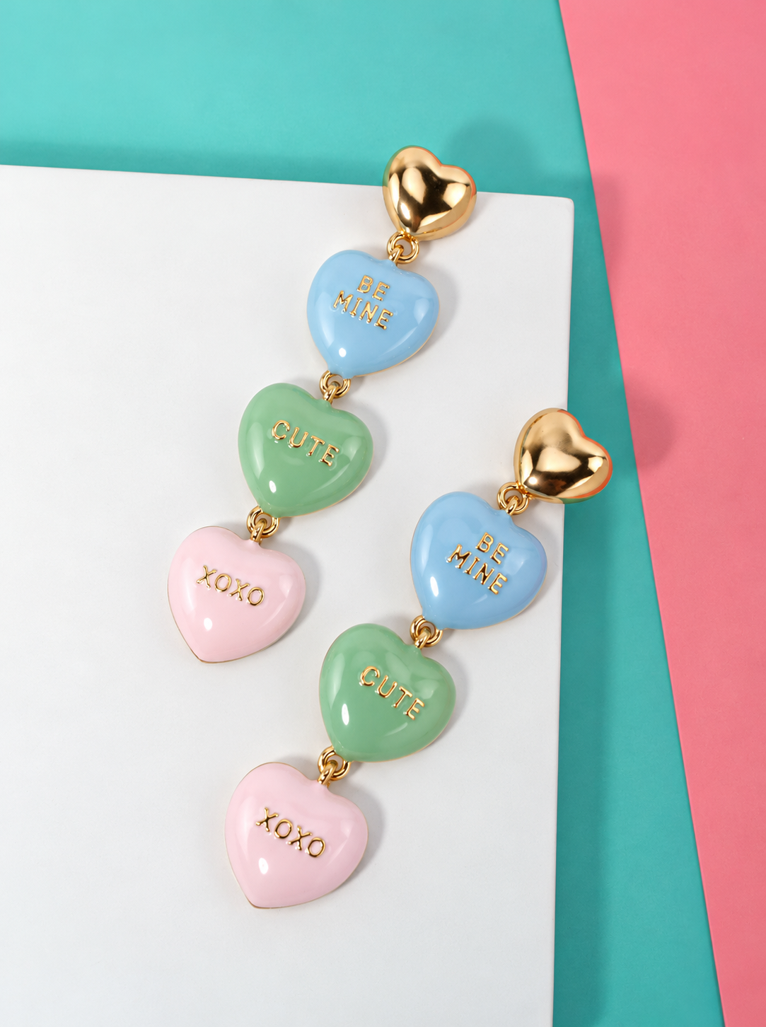 Pastel Heart Enameled Dangle Drop Earrings - GOLD