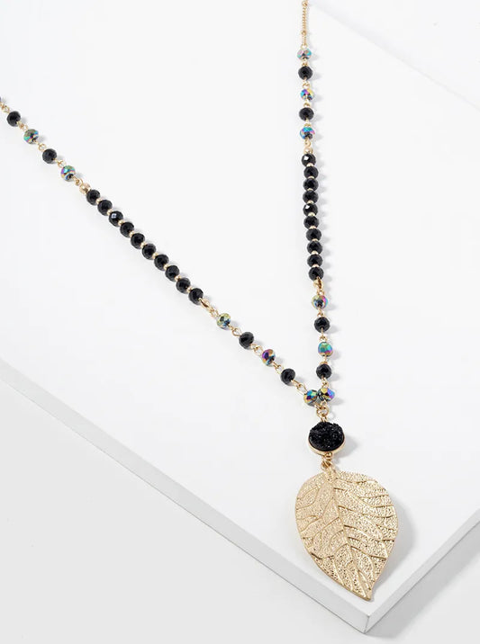 32 Inch Long Brass Leaf Pendant Necklace With Druzy