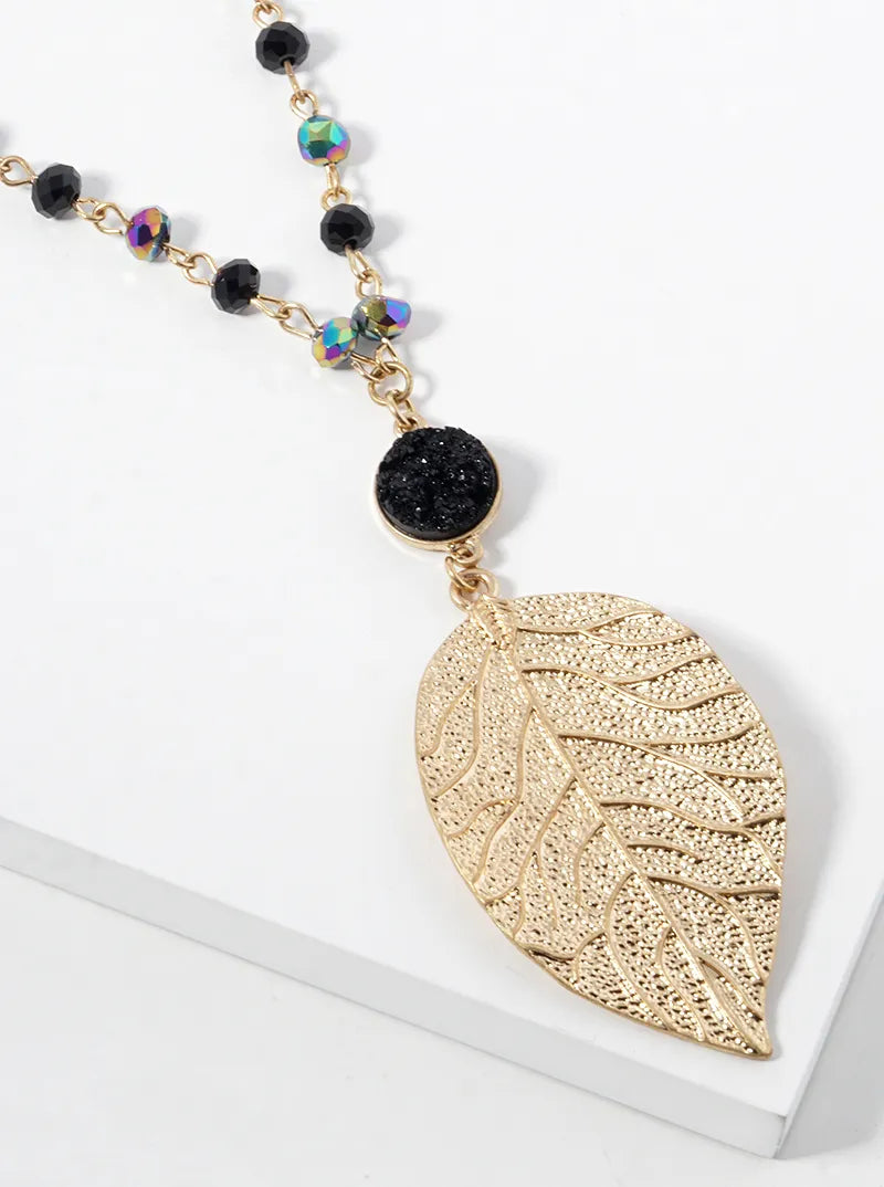 32 Inch Long Brass Leaf Pendant Necklace With Druzy