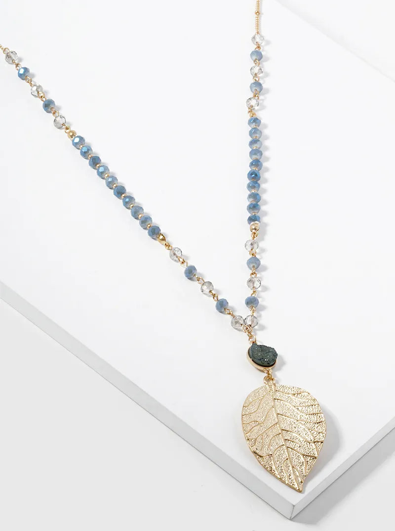 32 Inch Long Brass Leaf Pendant Necklace With Druzy