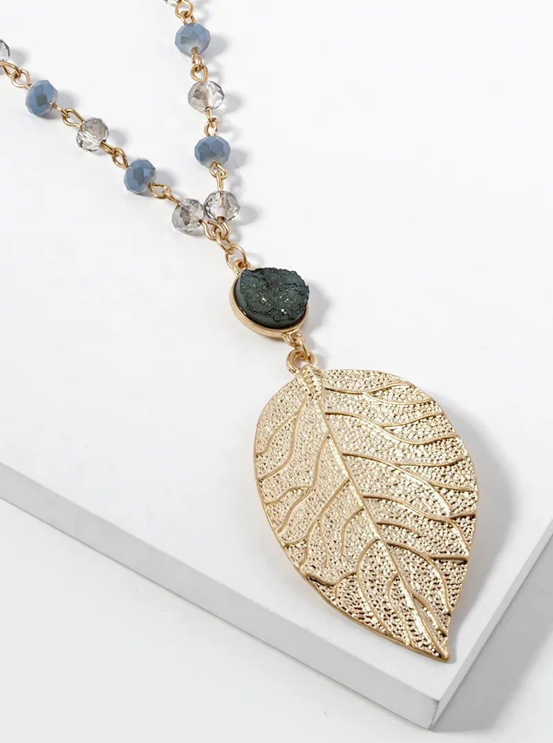 32 Inch Long Brass Leaf Pendant Necklace With Druzy