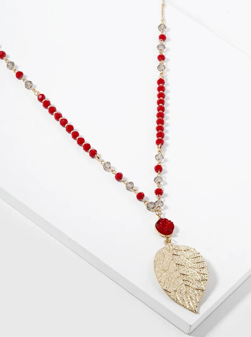 32 Inch Long Brass Leaf Pendant Necklace With Druzy