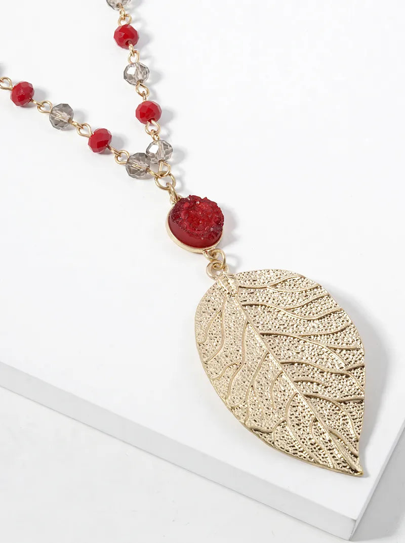 32 Inch Long Brass Leaf Pendant Necklace With Druzy
