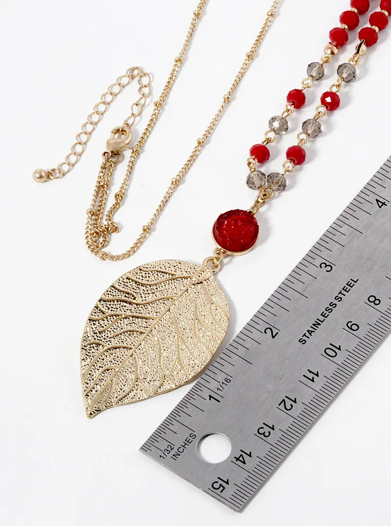 32 Inch Long Brass Leaf Pendant Necklace With Druzy