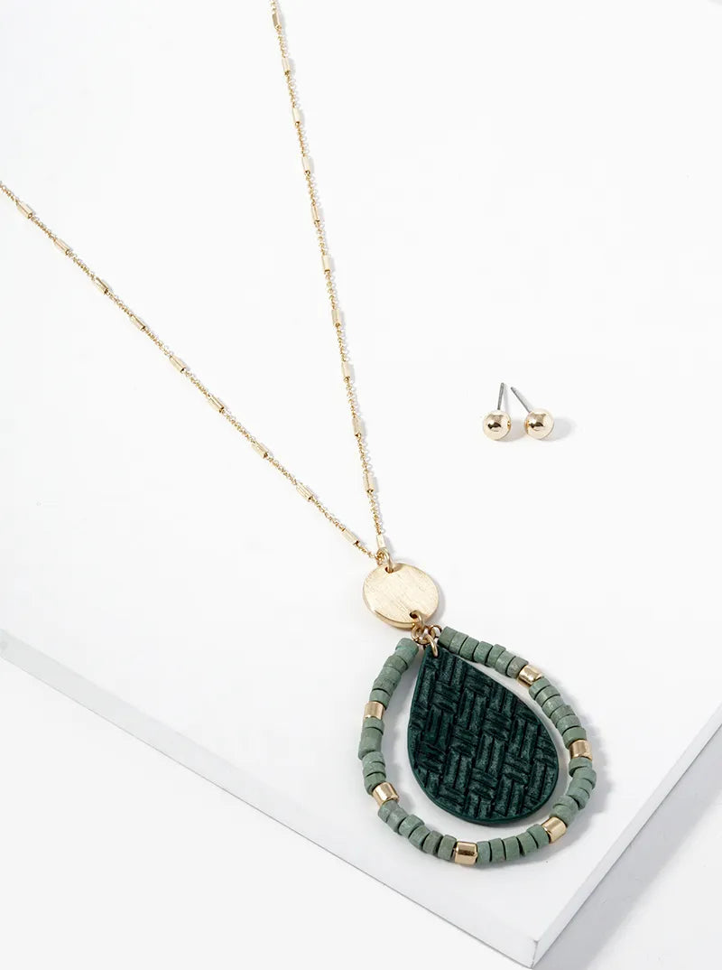 32 Inch Long Necklace Beaded Teardrop Pendant Matching Earrings