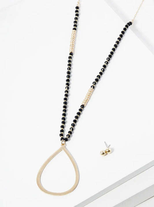 32 Inch Long Teardrop Pendant Glass Beaded Chain Necklace Set With Earrings