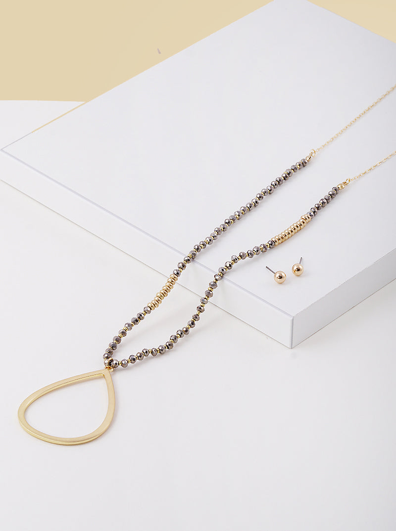 32 Inch Long Teardrop Pendant Glass Beaded Chain Necklace Set With Earrings