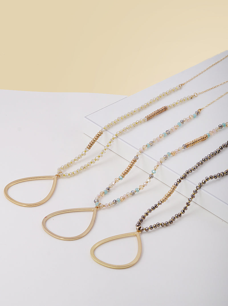 32 Inch Long Teardrop Pendant Glass Beaded Chain Necklace Set With Earrings