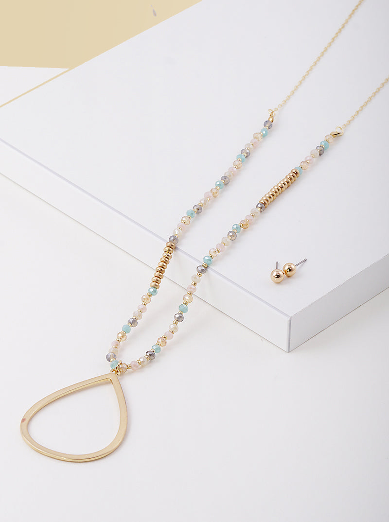 32 Inch Long Teardrop Pendant Glass Beaded Chain Necklace Set With Earrings