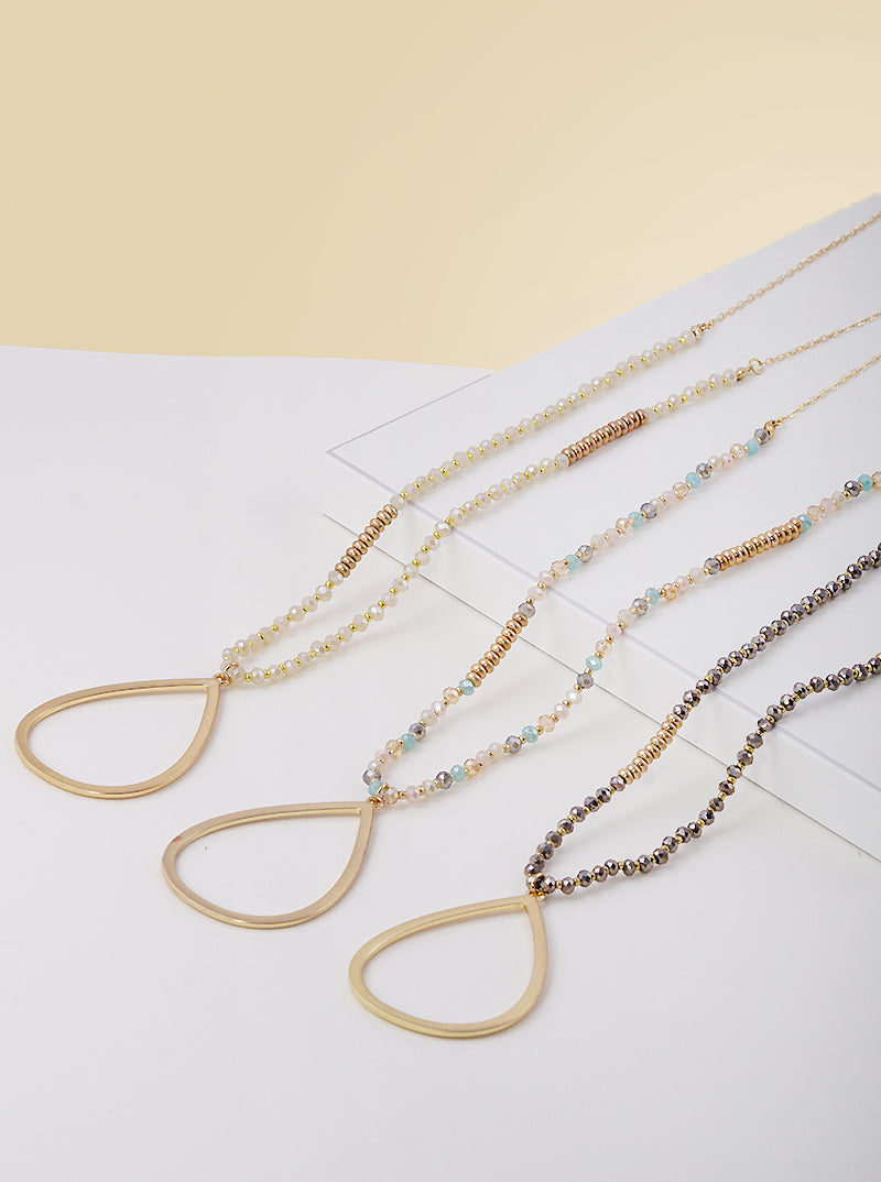 32 Inch Long Teardrop Pendant Glass Beaded Chain Necklace Set With Earrings