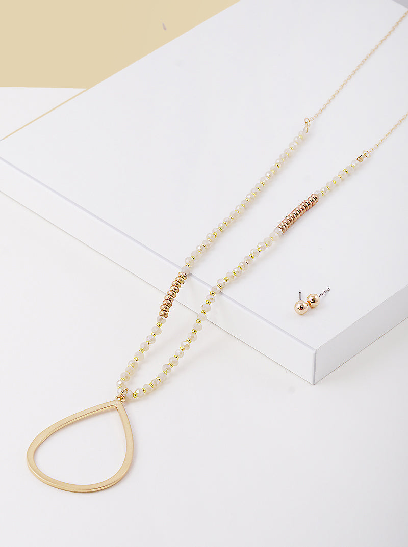 32 Inch Long Teardrop Pendant Glass Beaded Chain Necklace Set With Earrings