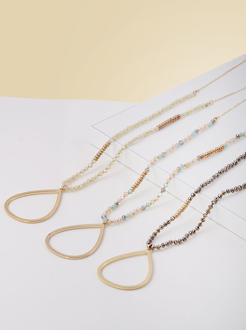 32 Inch Long Teardrop Pendant Glass Beaded Chain Necklace Set With Earrings