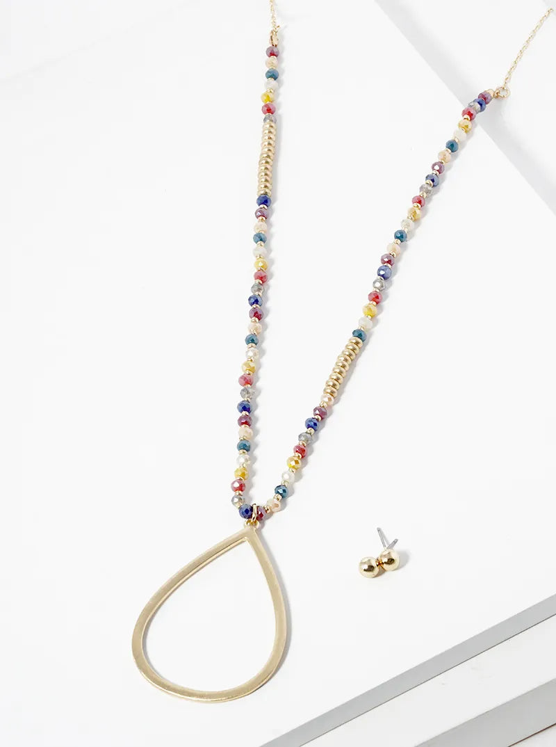 32 Inch Long Teardrop Pendant Glass Beaded Chain Necklace Set With Earrings