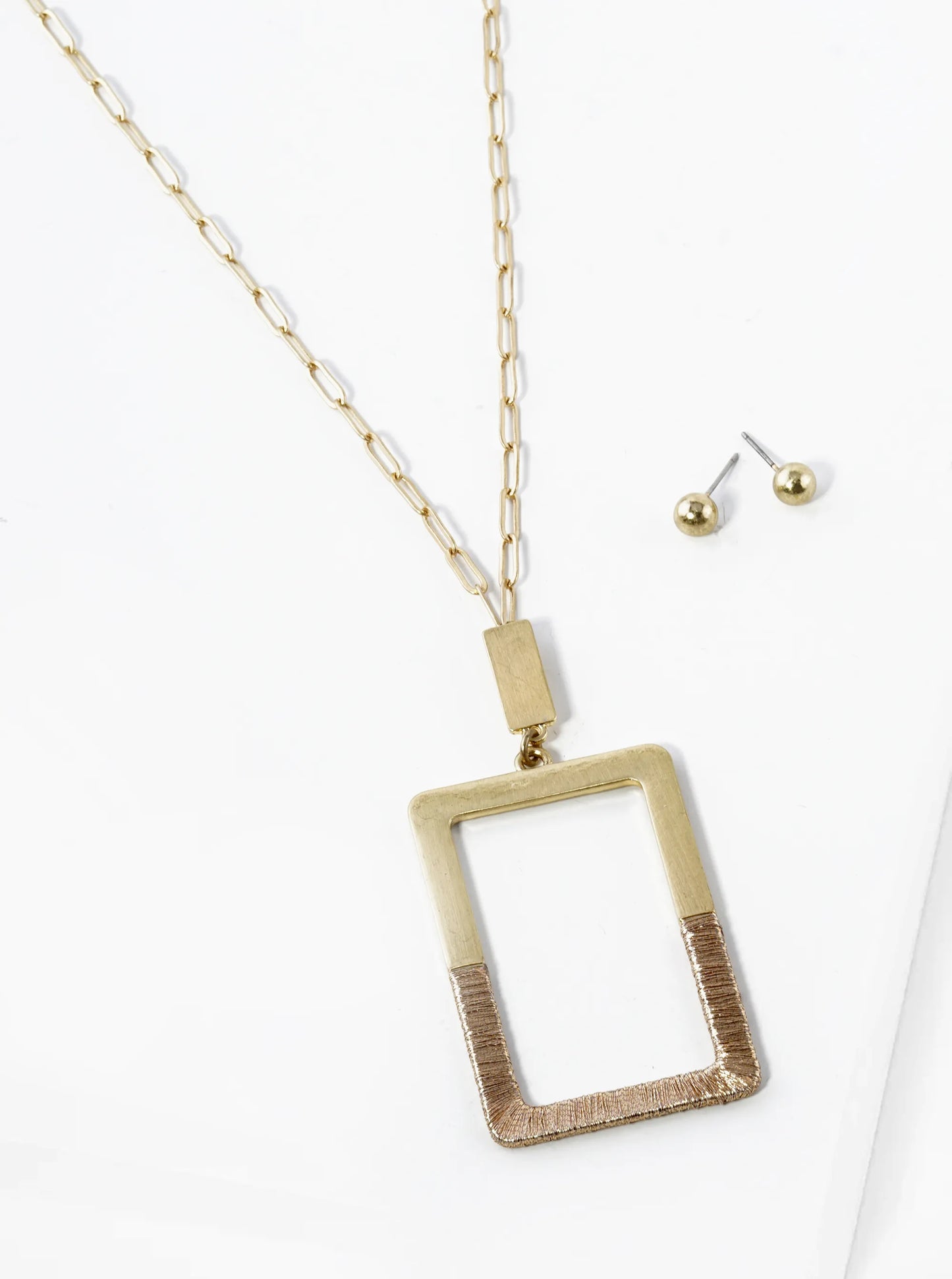 32 Inch Wire Wrapped Rectangle Pendant Long Necklace