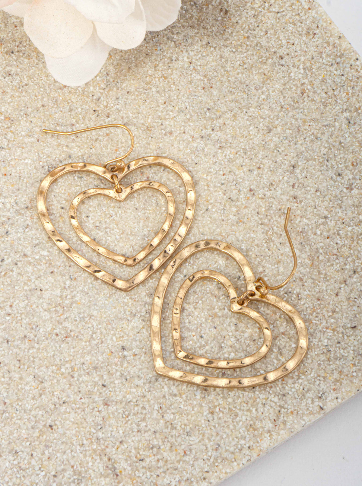 Layered Hammered Heart Dangle Wire Drop Earrings - WORN GOLD