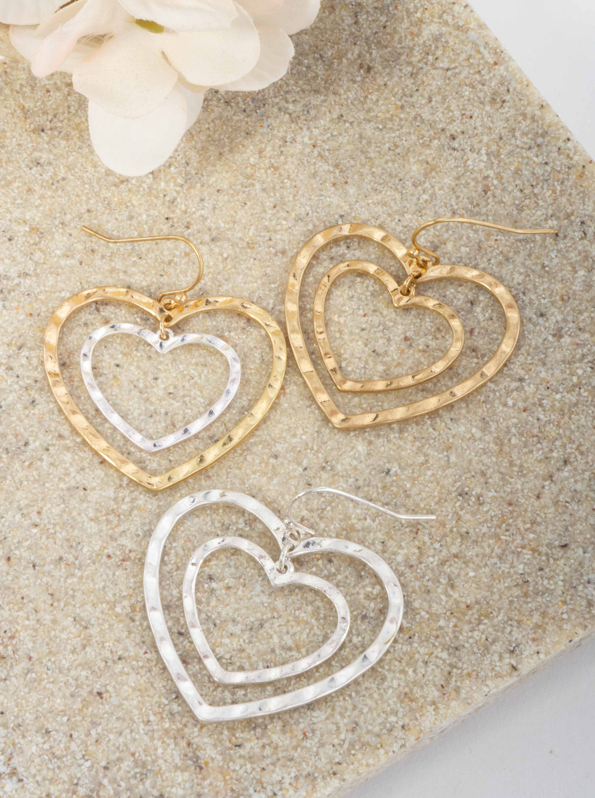 Layered Hammered Heart Dangle Wire Drop Earrings - WORN GOLD