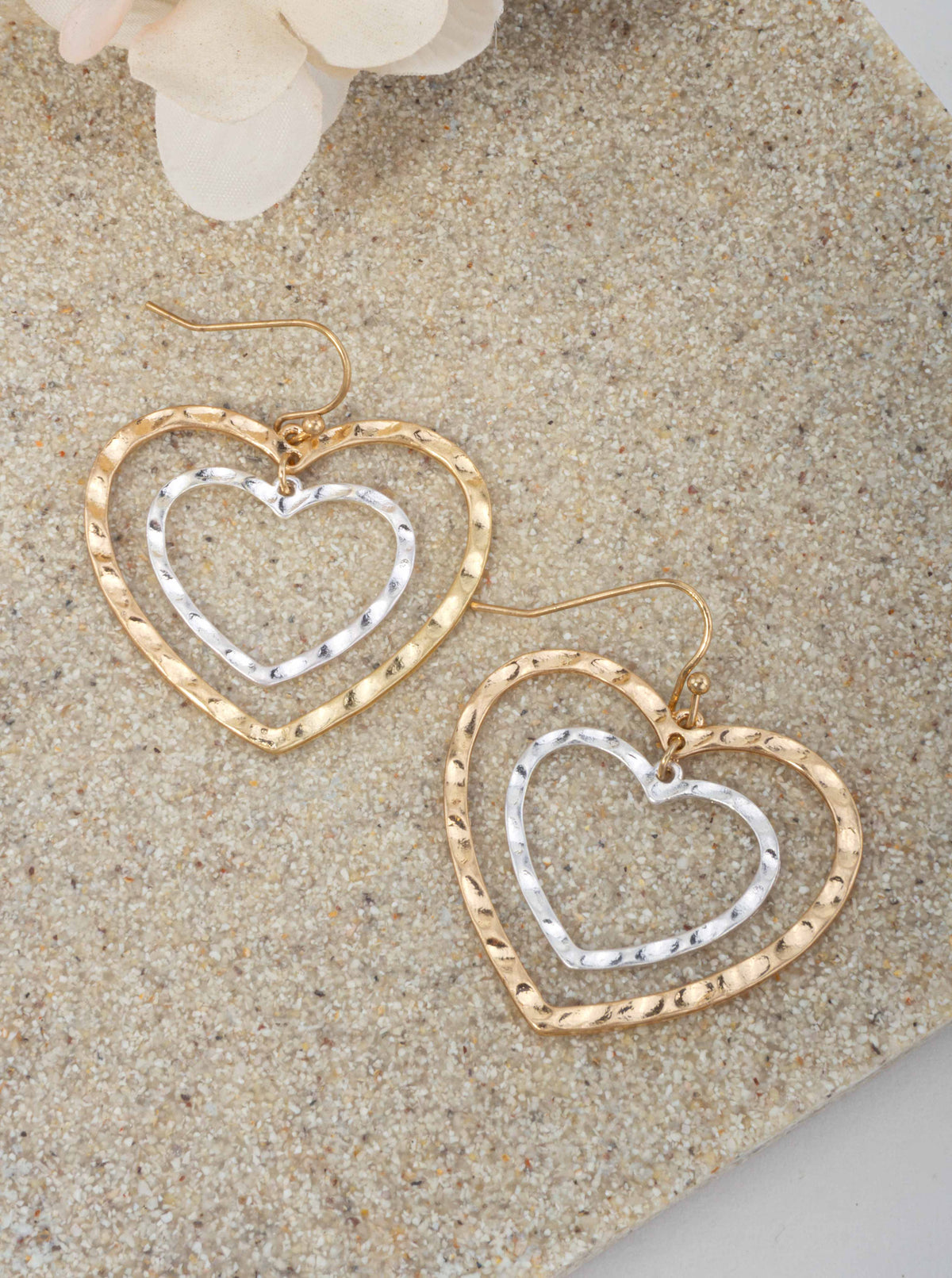 Layered Hammered Heart Dangle Wire Drop Earrings - WORN GOLD-WORN SILVER