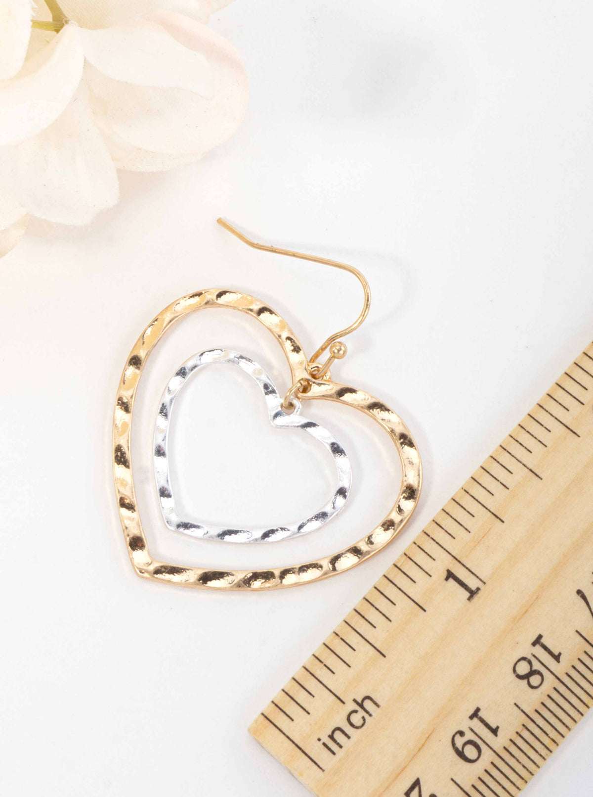 Layered Hammered Heart Dangle Wire Drop Earrings - WORN GOLD-WORN SILVER