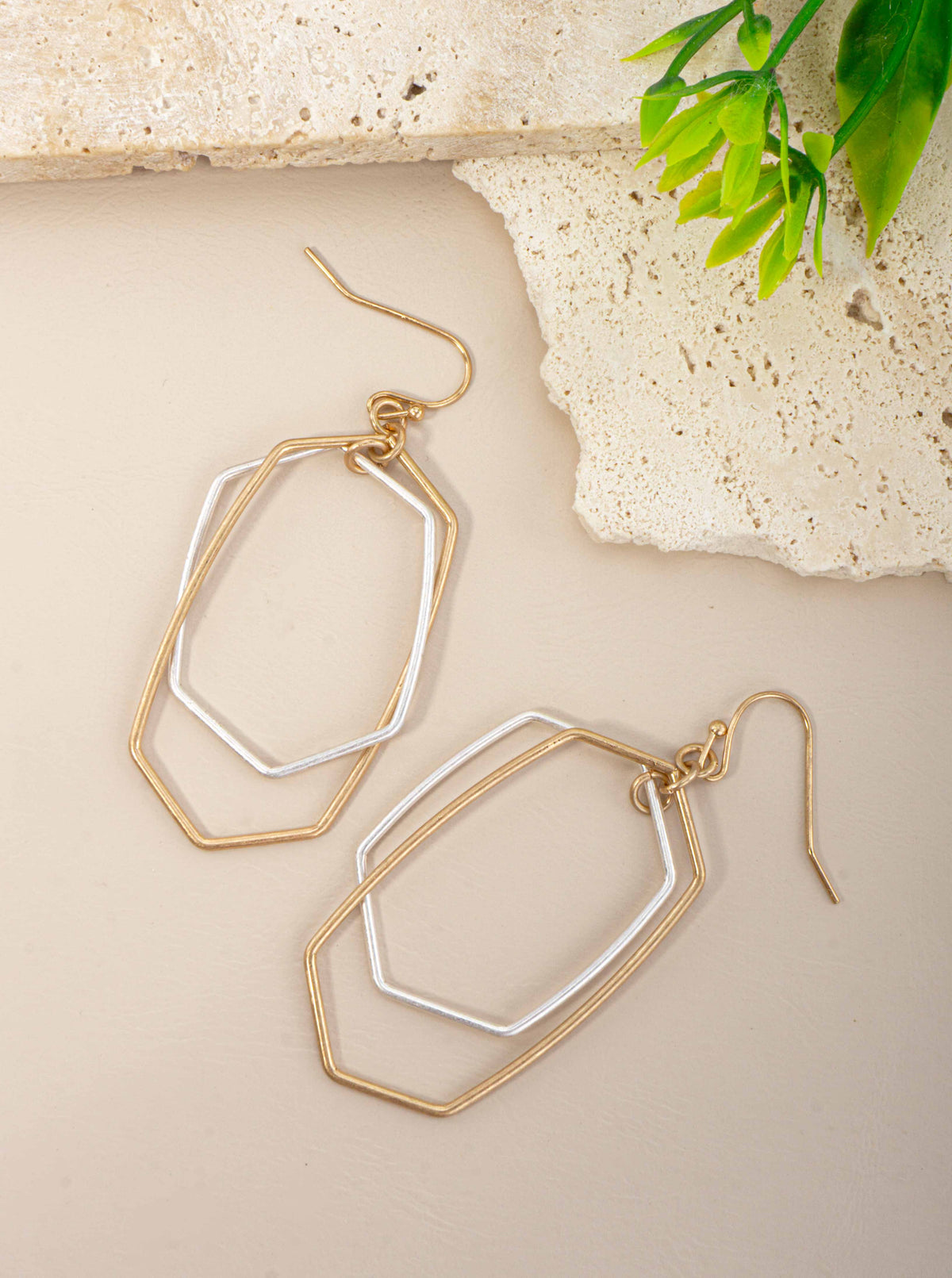 Matte Double Hexagon Geometric Drop Earrings - WORN GOLD-WORN SILVER
