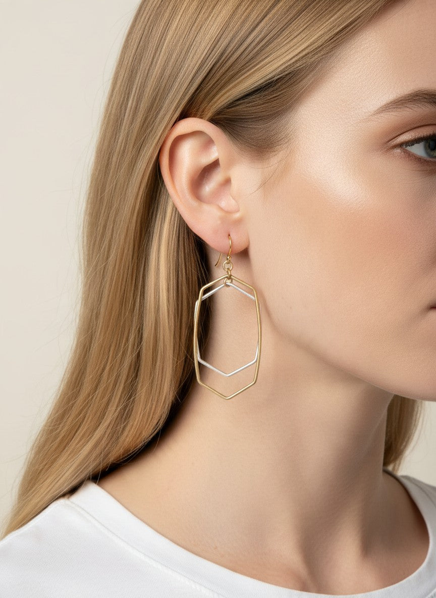 Matte Double Hexagon Geometric Drop Earrings - WORN GOLD-WORN SILVER