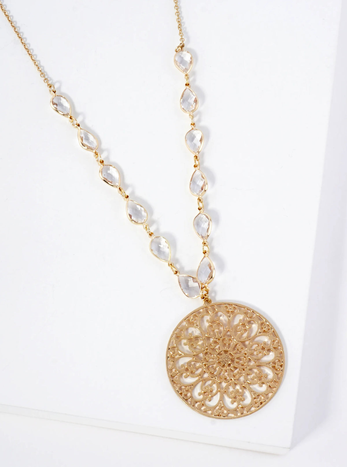 33 Inch Stenciled Round Medallion Long Pendant Necklace