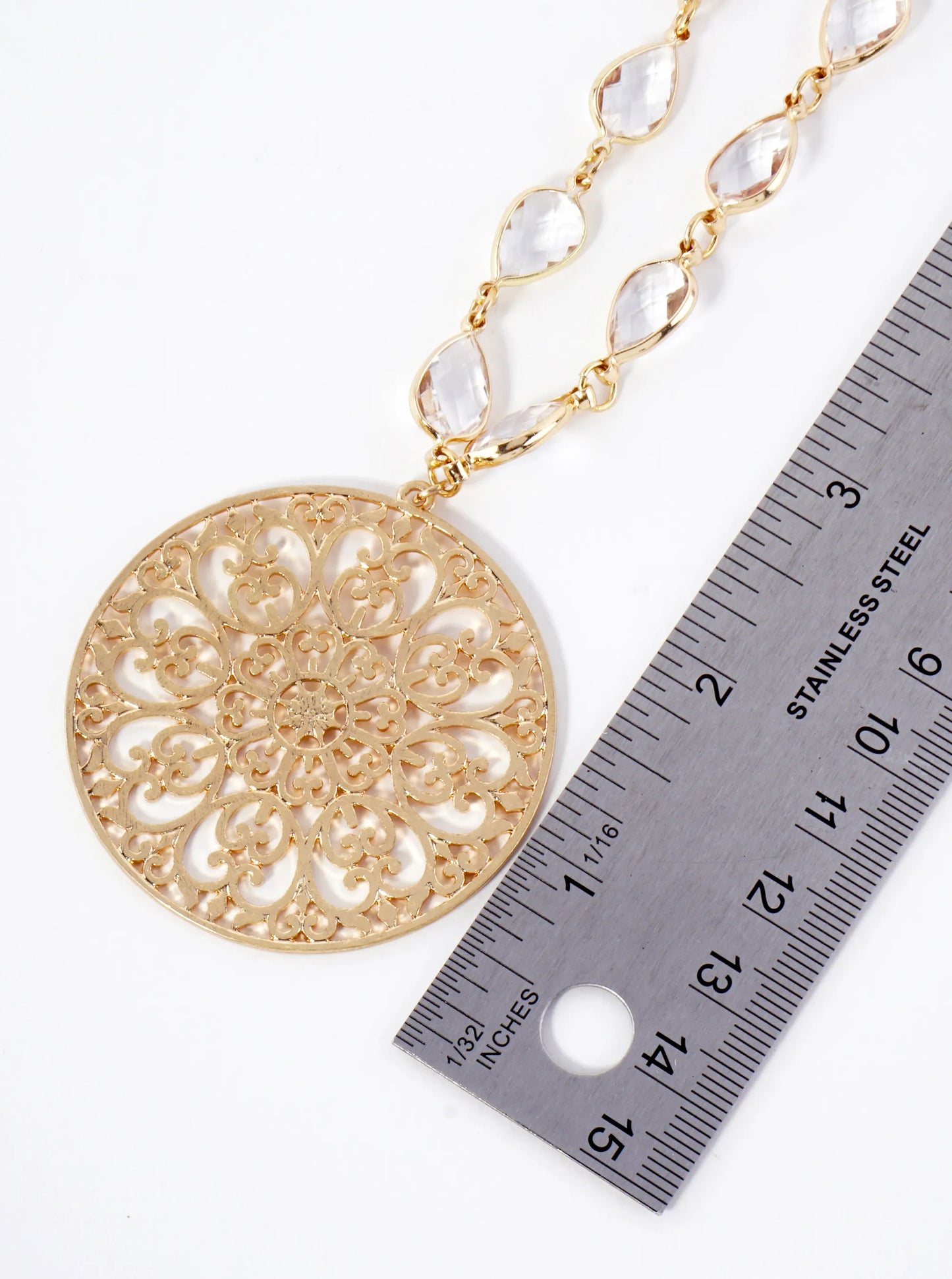 33 Inch Stenciled Round Medallion Long Pendant Necklace