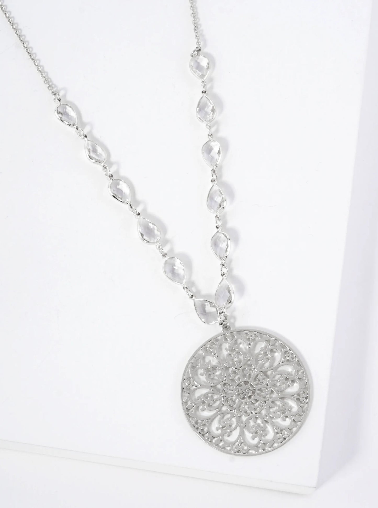 33 Inch Stenciled Round Medallion Long Pendant Necklace