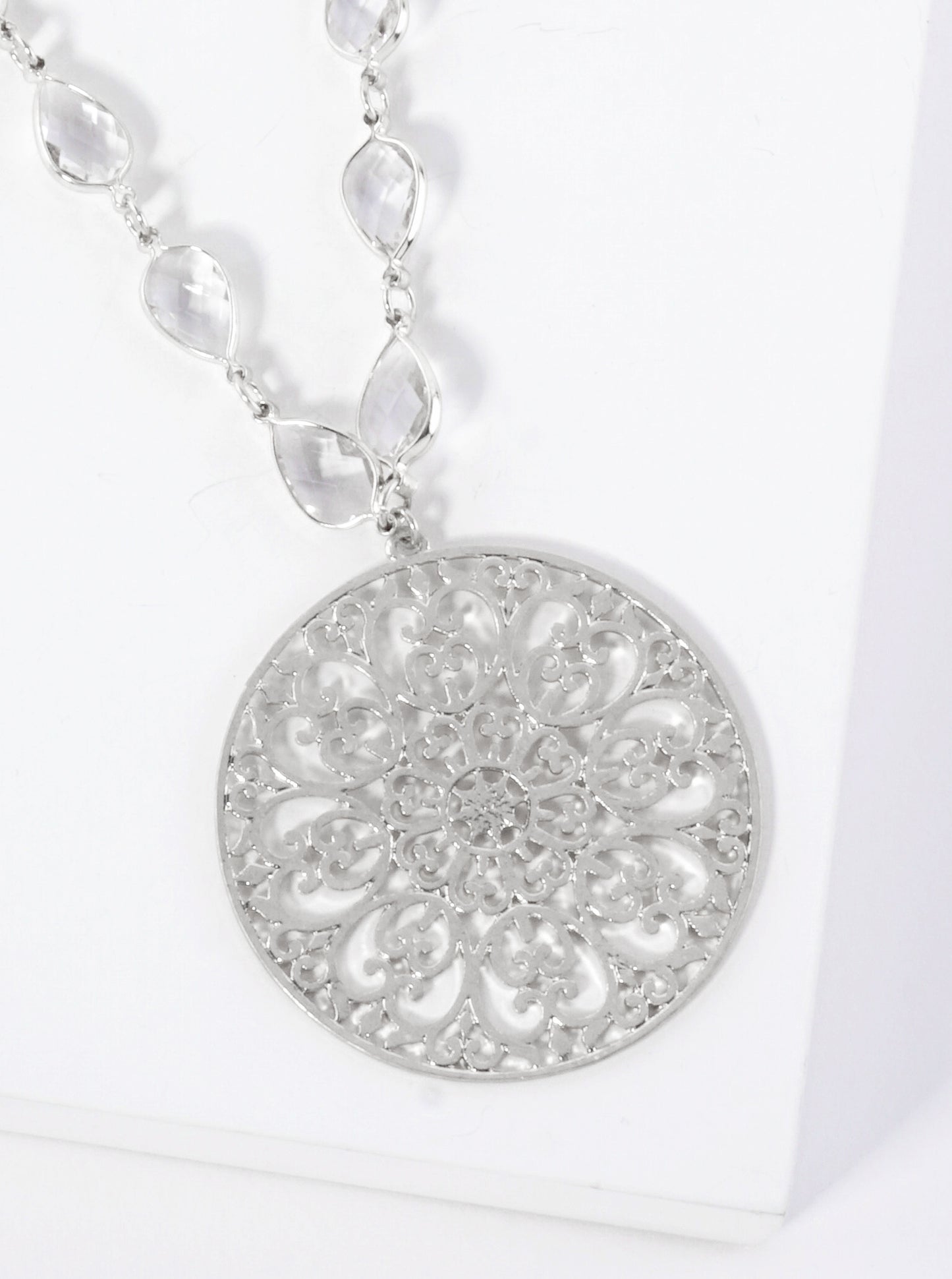 33 Inch Stenciled Round Medallion Long Pendant Necklace