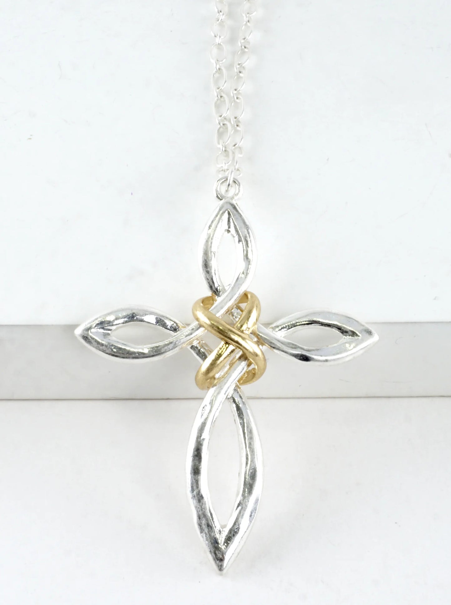 33in Two-Tone Infinity Knot Cross Pendant Necklace