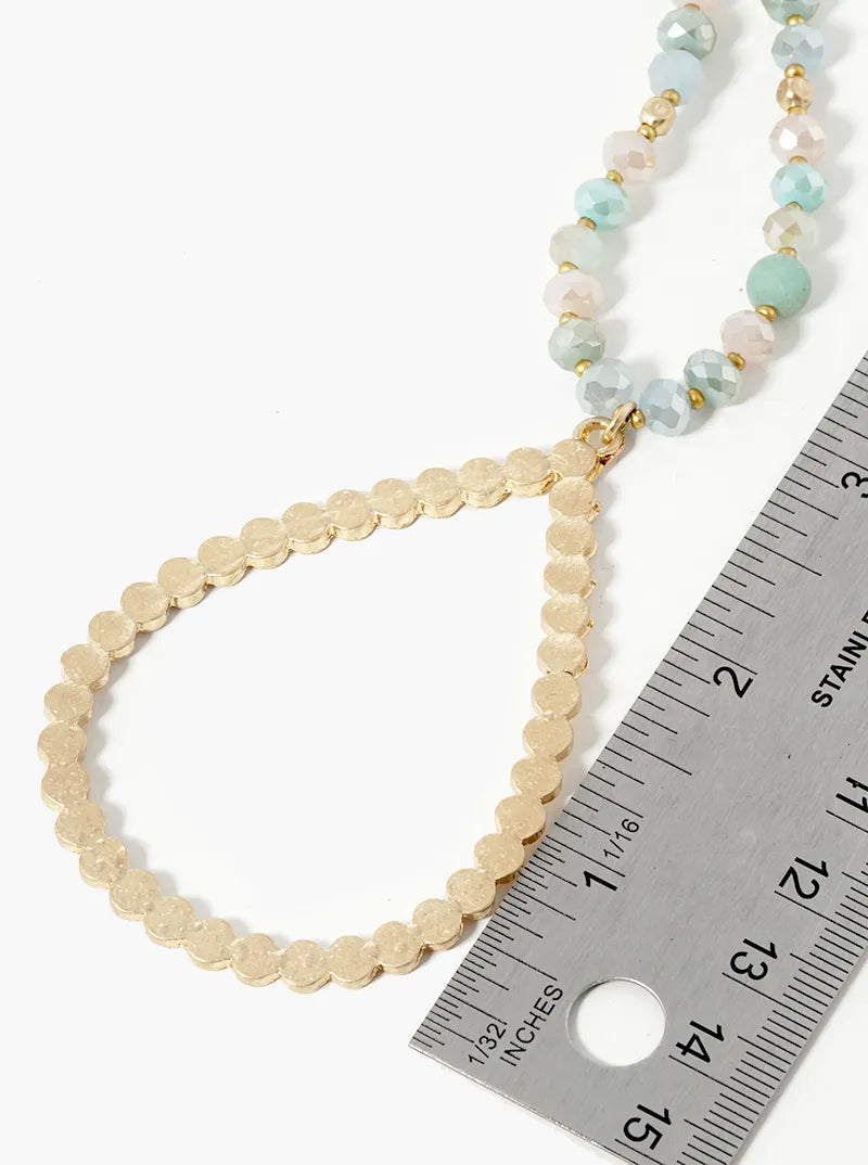 34 Inch Teardrop Pendant Faceted Glass Necklace With Matching Earrings