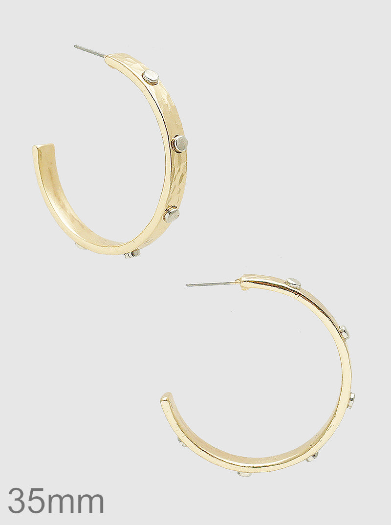 35MM BEADED HAMMERED METAL TWO TONE HOOP EARRINGS