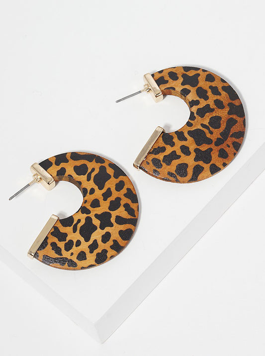 35mm Animal Print Wood Open Hoop Earrings