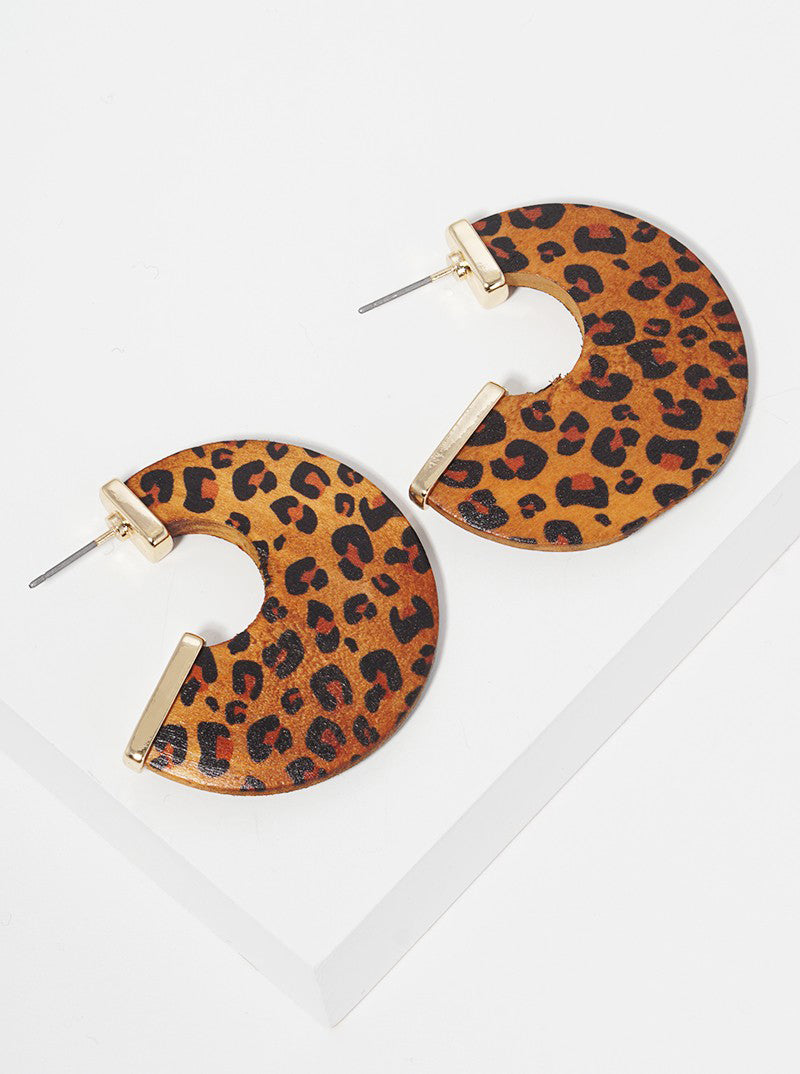 35mm Animal Print Wood Open Hoop Earrings