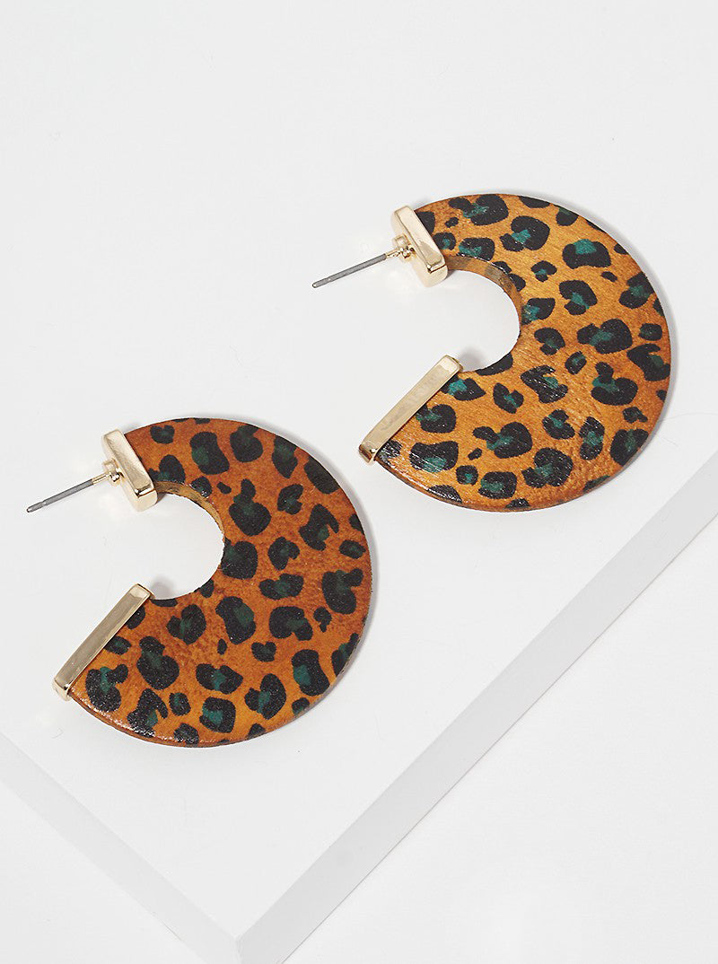 35mm Animal Print Wood Open Hoop Earrings
