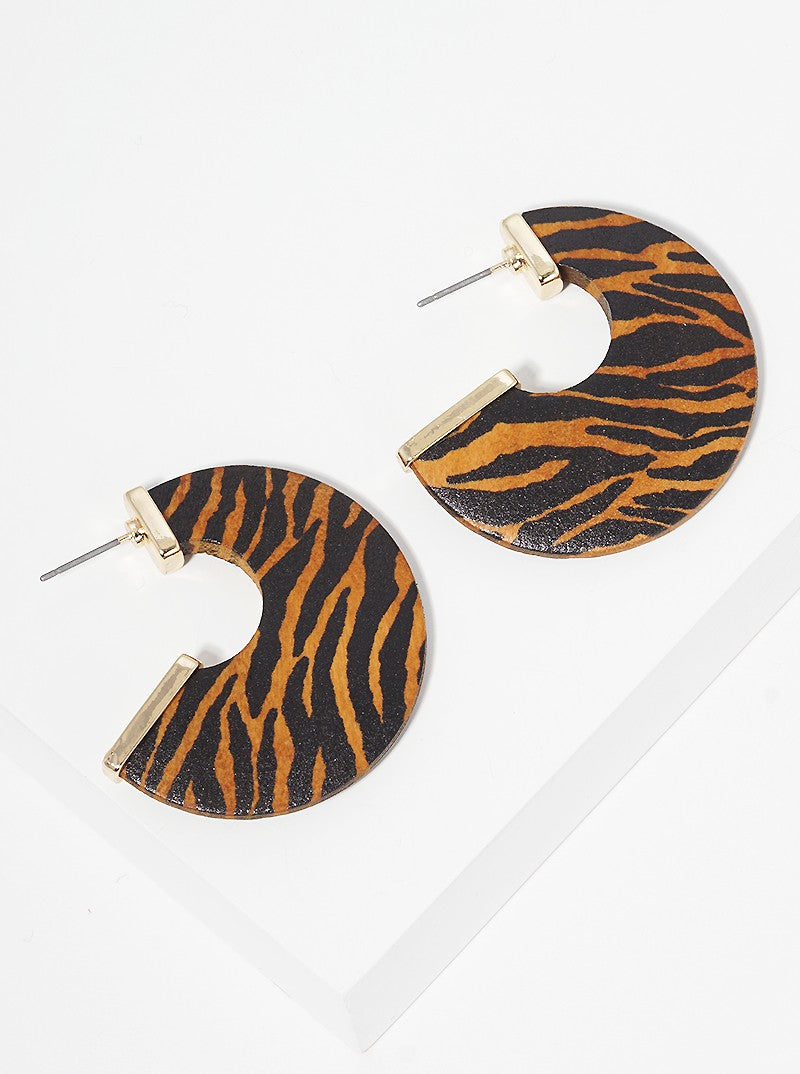 35mm Animal Print Wood Open Hoop Earrings