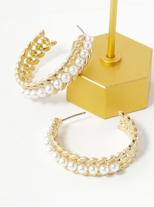 35mm Pearl Beaded Bay Leaf Hoop Earrings