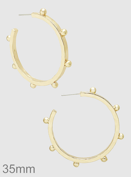 35mm Round With Ball Bead Hammered Metal Hoop Earrings Gold