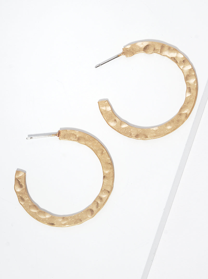 35mm Hammered Metal Flat Round Open Hoop Earrings