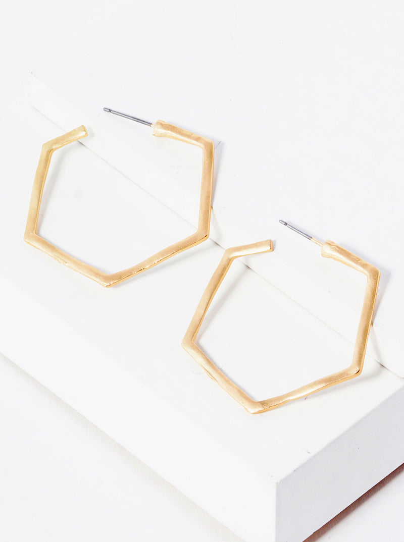 35mm Hammered Metal Hexagon Open Hoop Earrings