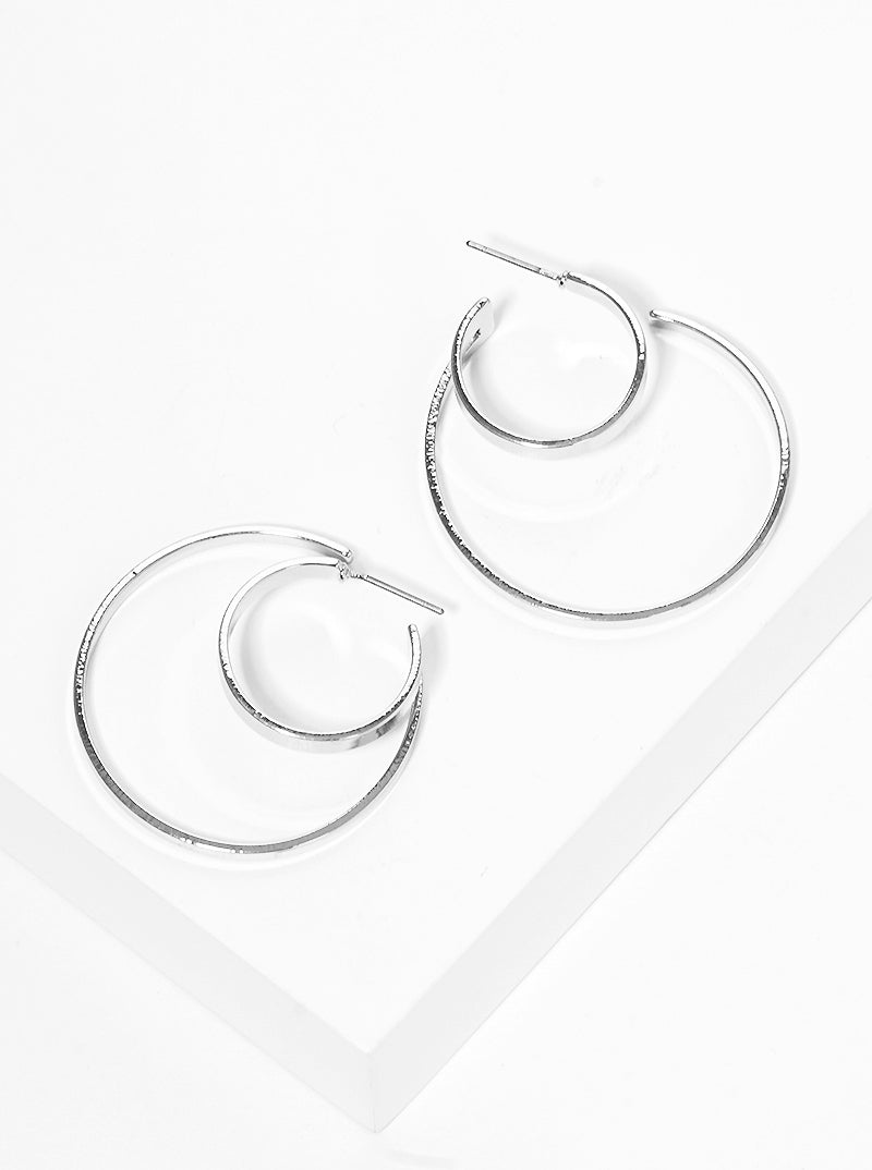35mm Metal Double Open Hoop Earrings Rhodium