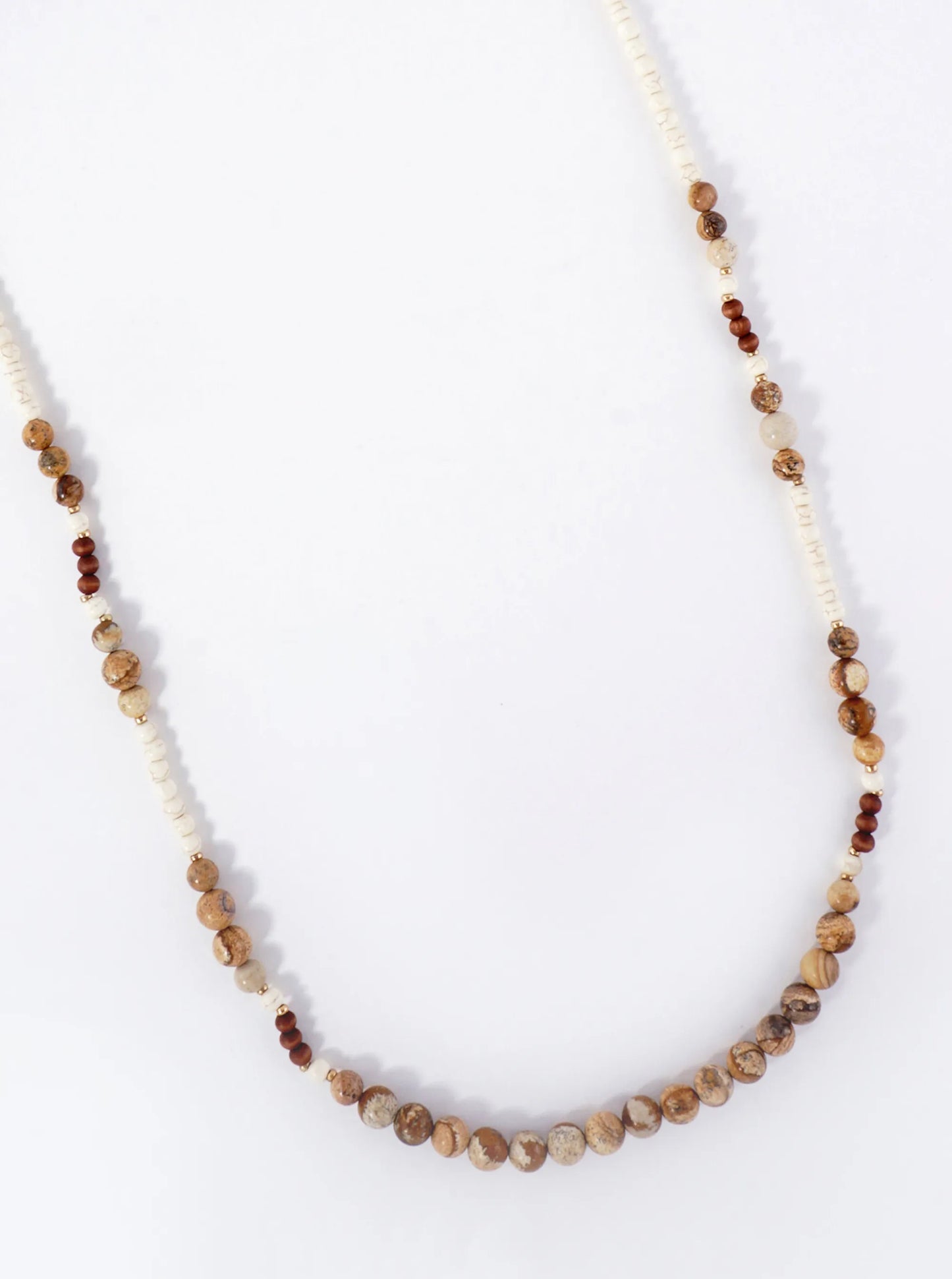36 Inch Wooden Beads And Semiprecious Stone Long Necklace