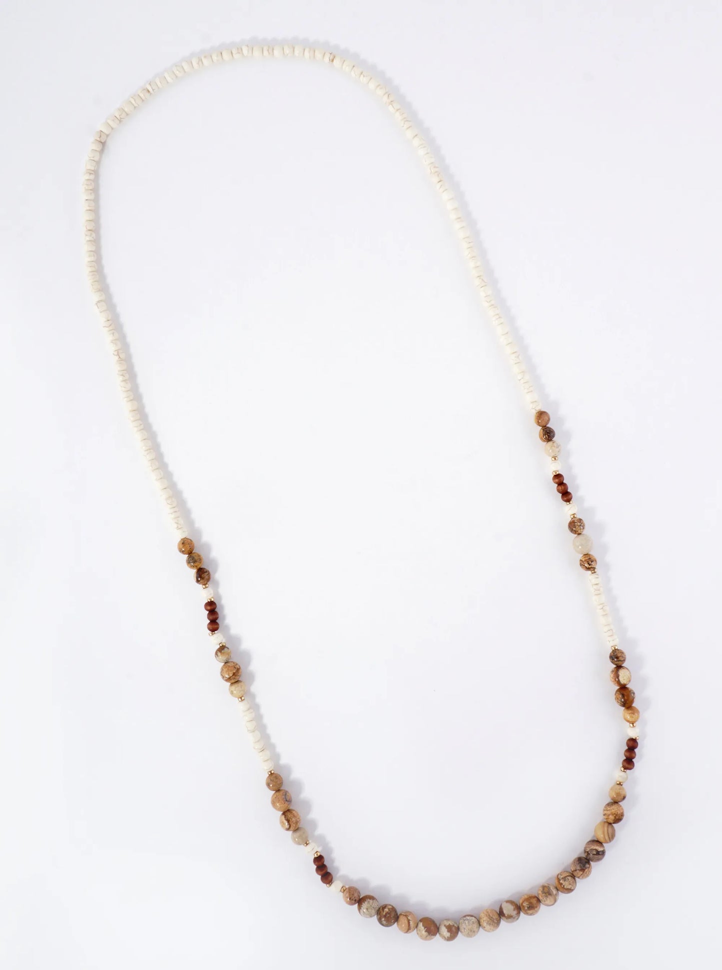 36 Inch Wooden Beads And Semiprecious Stone Long Necklace
