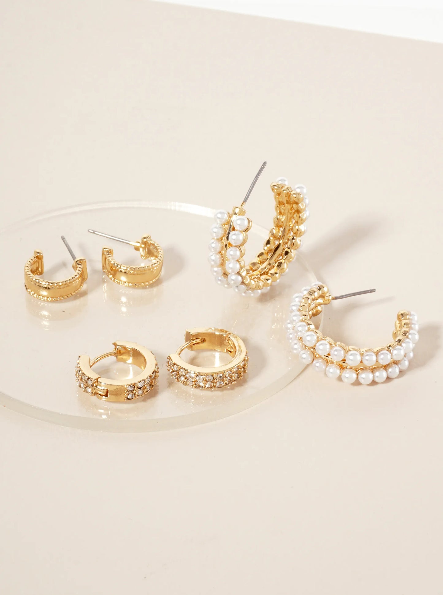 3PC-Set 12-14-23mm Crystal Pearl Hoop Earrings