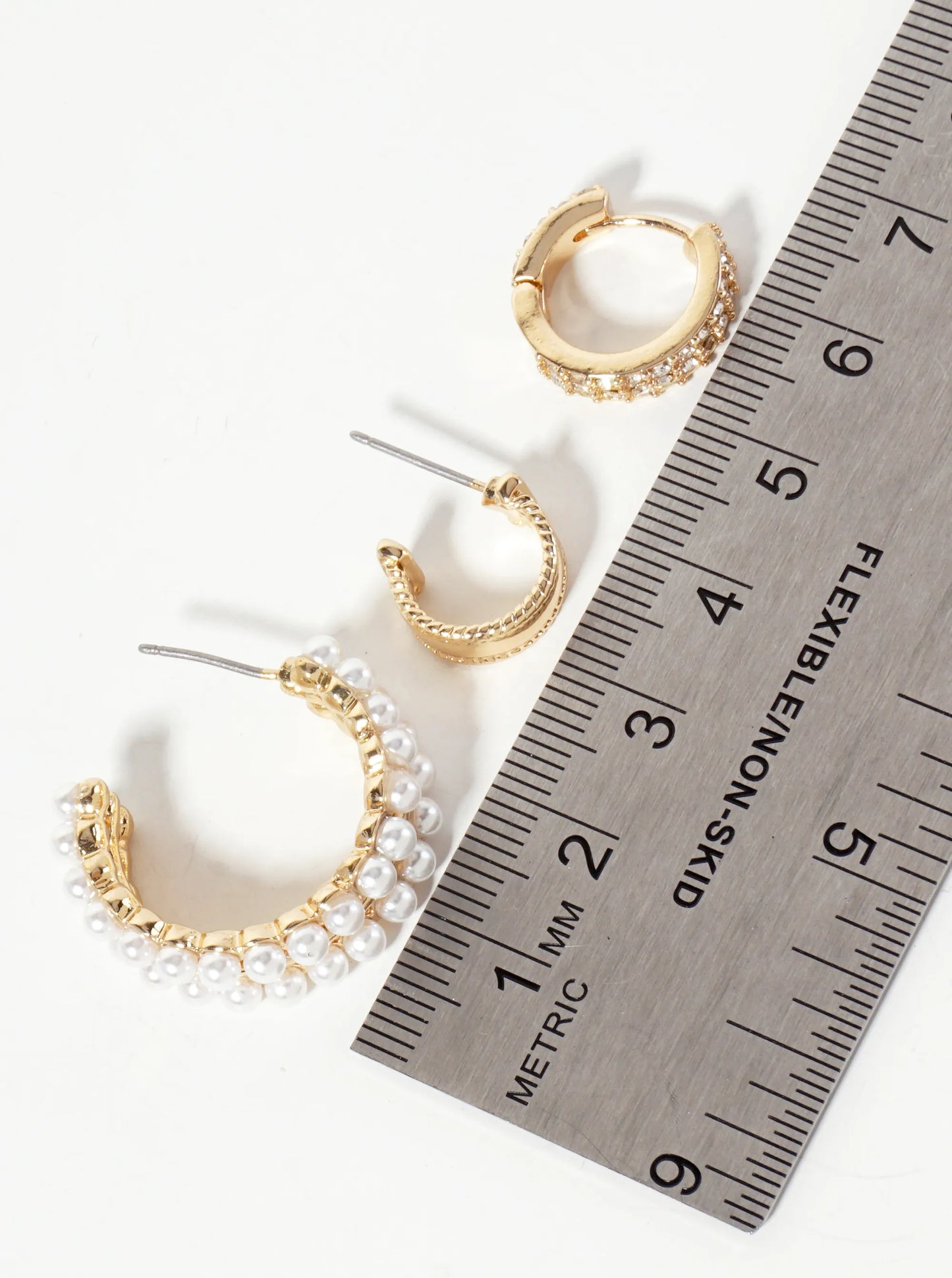 3PC-Set 12-14-23mm Crystal Pearl Hoop Earrings