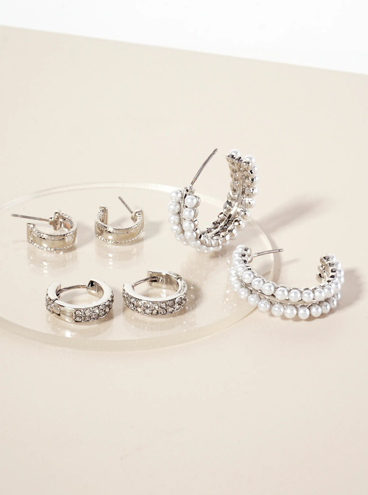 3PC-Set 12-14-23mm Crystal Pearl Hoop Earrings