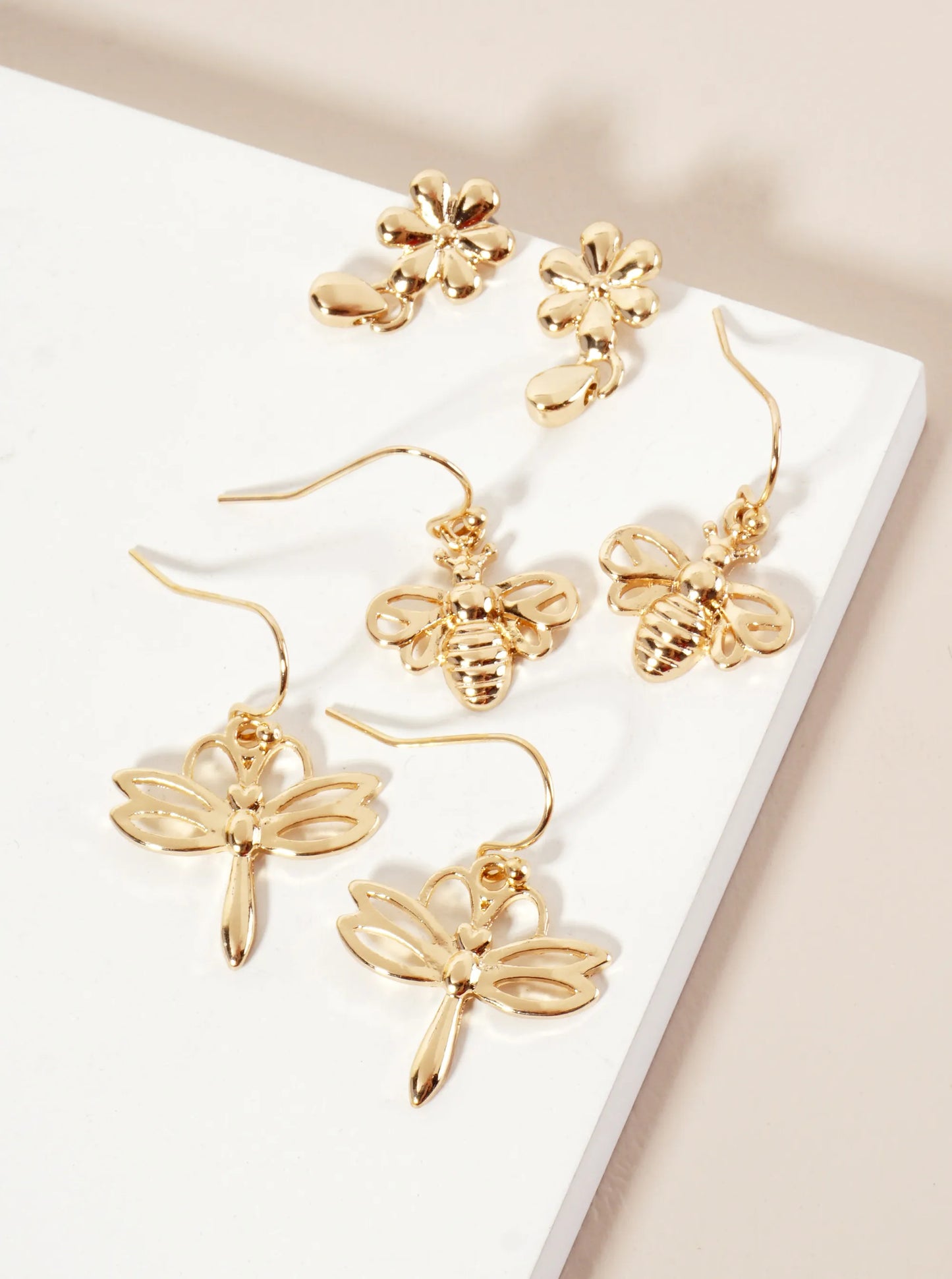 3PC-Set Botanical-Theme Flower Bee Dragonfly Dangle Earrings