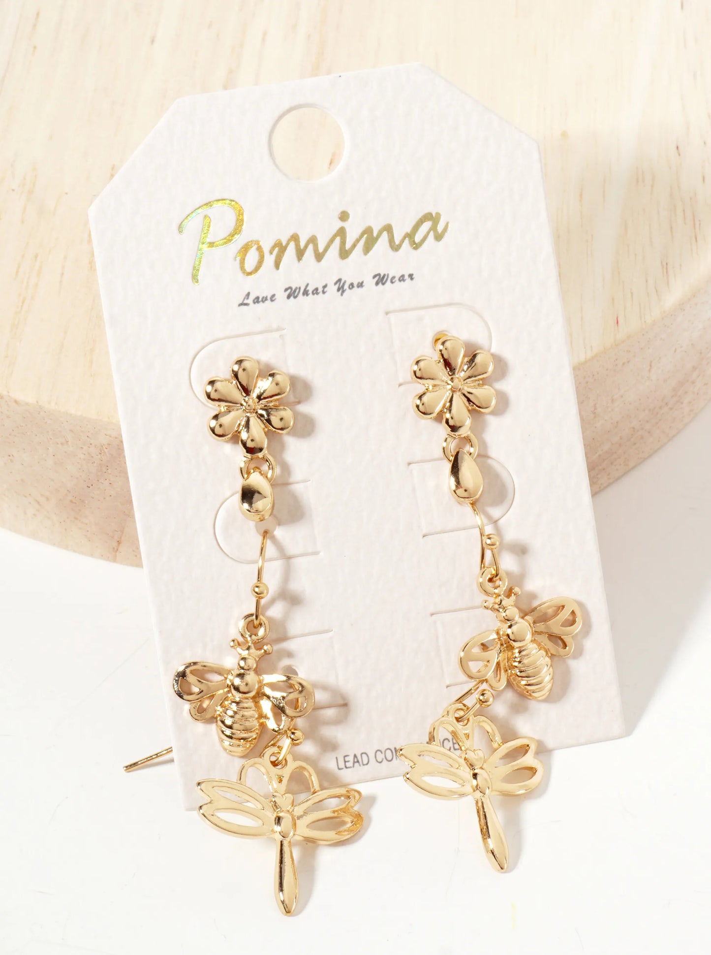 3PC-Set Botanical-Theme Flower Bee Dragonfly Dangle Earrings