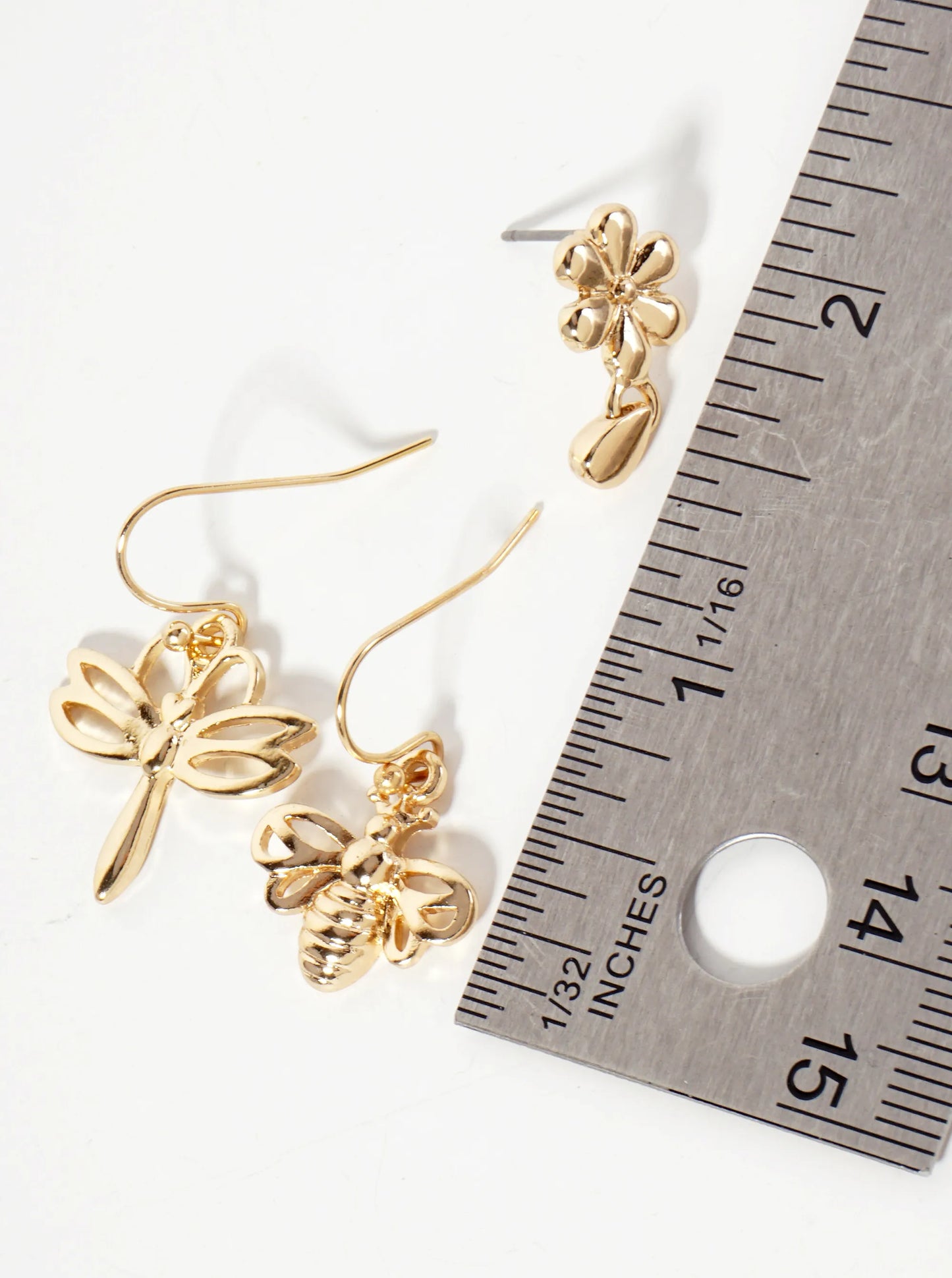 3PC-Set Botanical-Theme Flower Bee Dragonfly Dangle Earrings